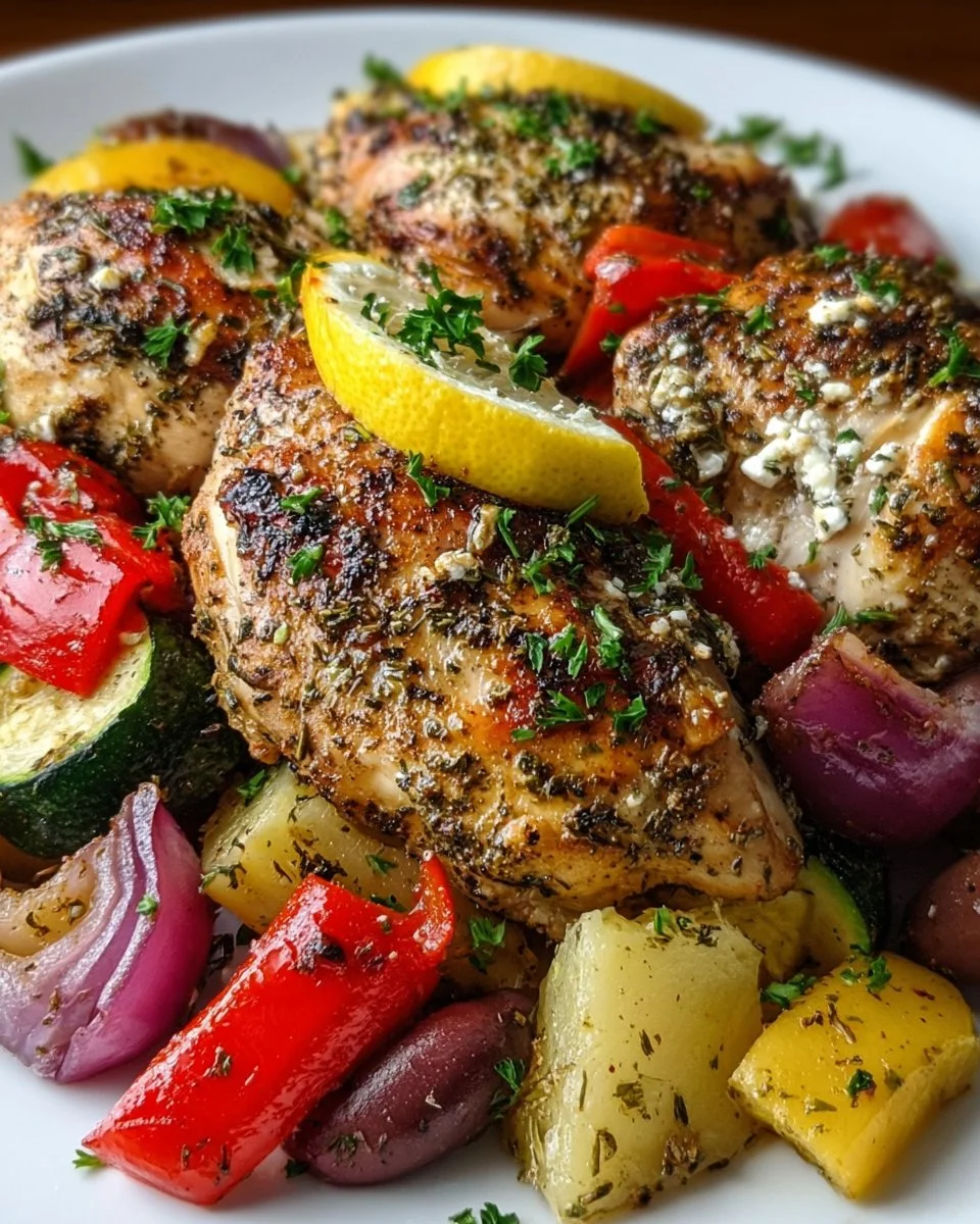 Herbed Greek Chicken Foil Packets featuring marinated chicken and vegetables.