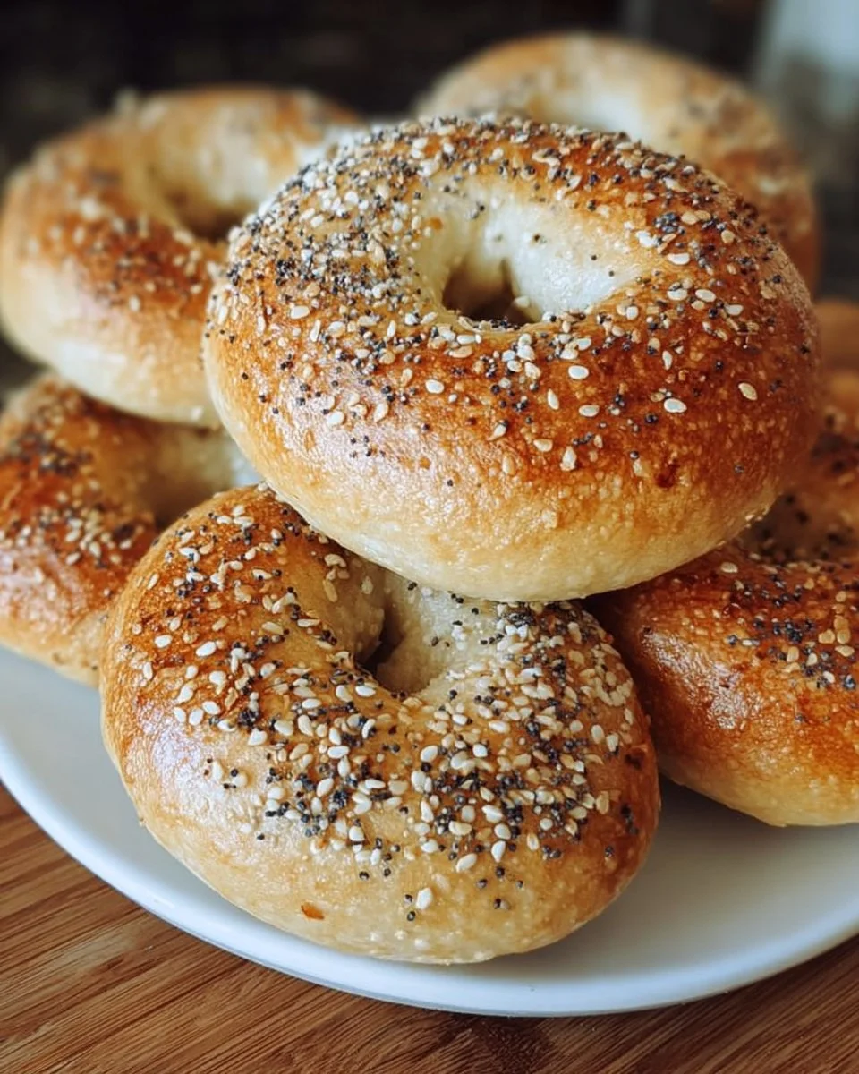 Freshly baked homemade sourdough bagels on a wooden board