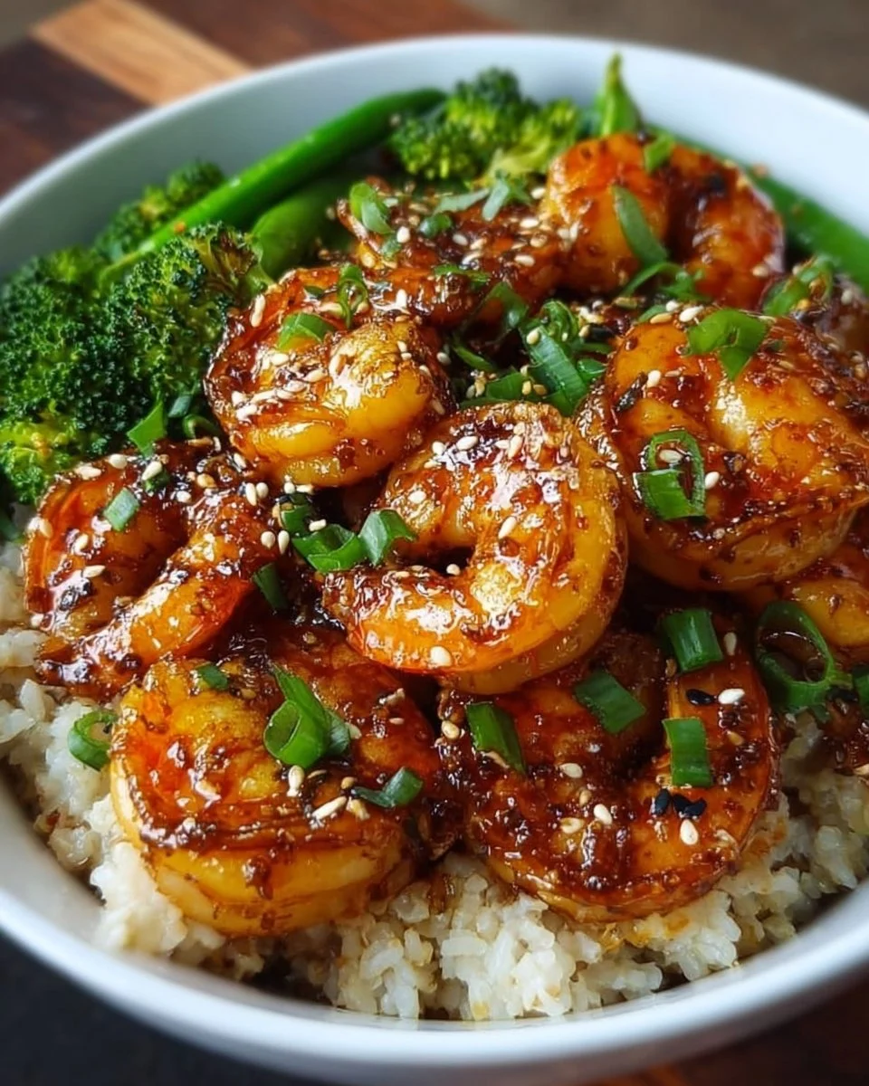 Honey Garlic Shrimp served in a flavorful bowl with vegetables and rice