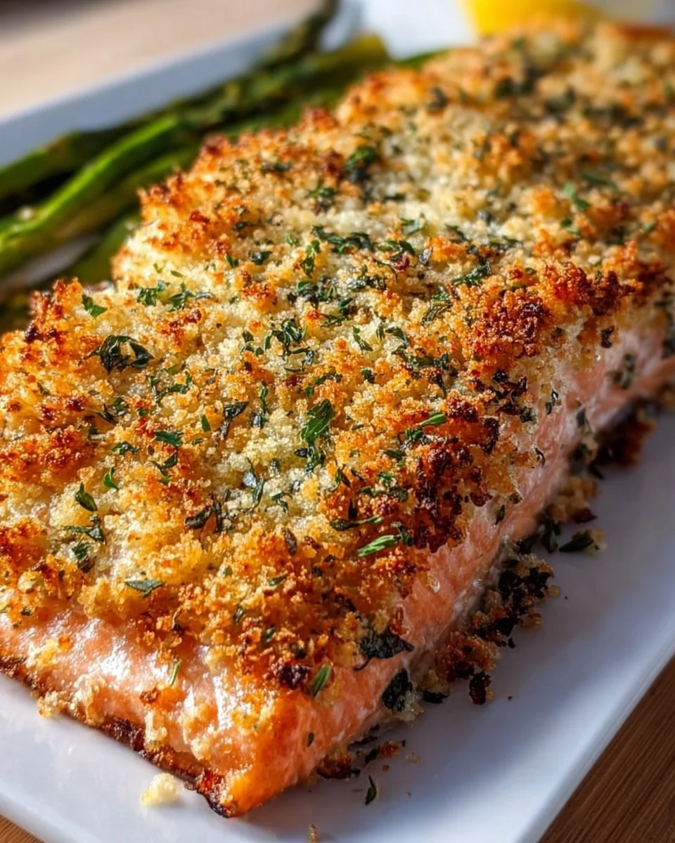 Crispy Parmesan Salmon bake served on a plate with herbs