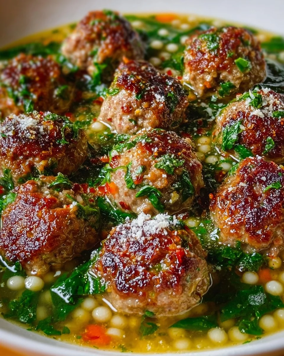 Bowl of flavorful Italian Meatball Wedding Soup garnished with herbs and vegetables.