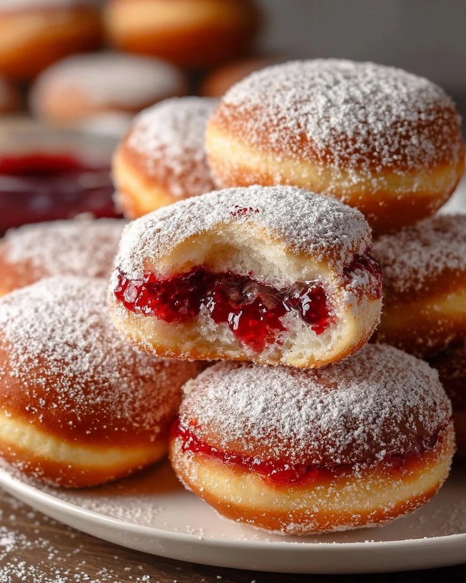 Delicious homemade jelly donuts dusted with powdered sugar