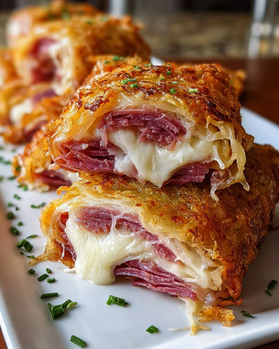 Keto Crispy Reuben Roll-Ups stacked on a plate with garnishes
