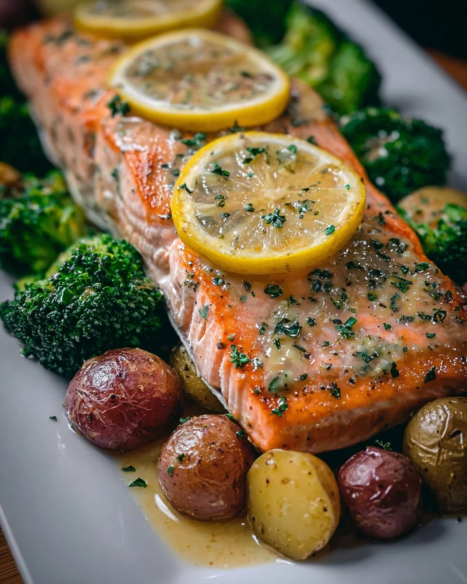Lemon butter salmon served with crispy potatoes and broccoli on a plate