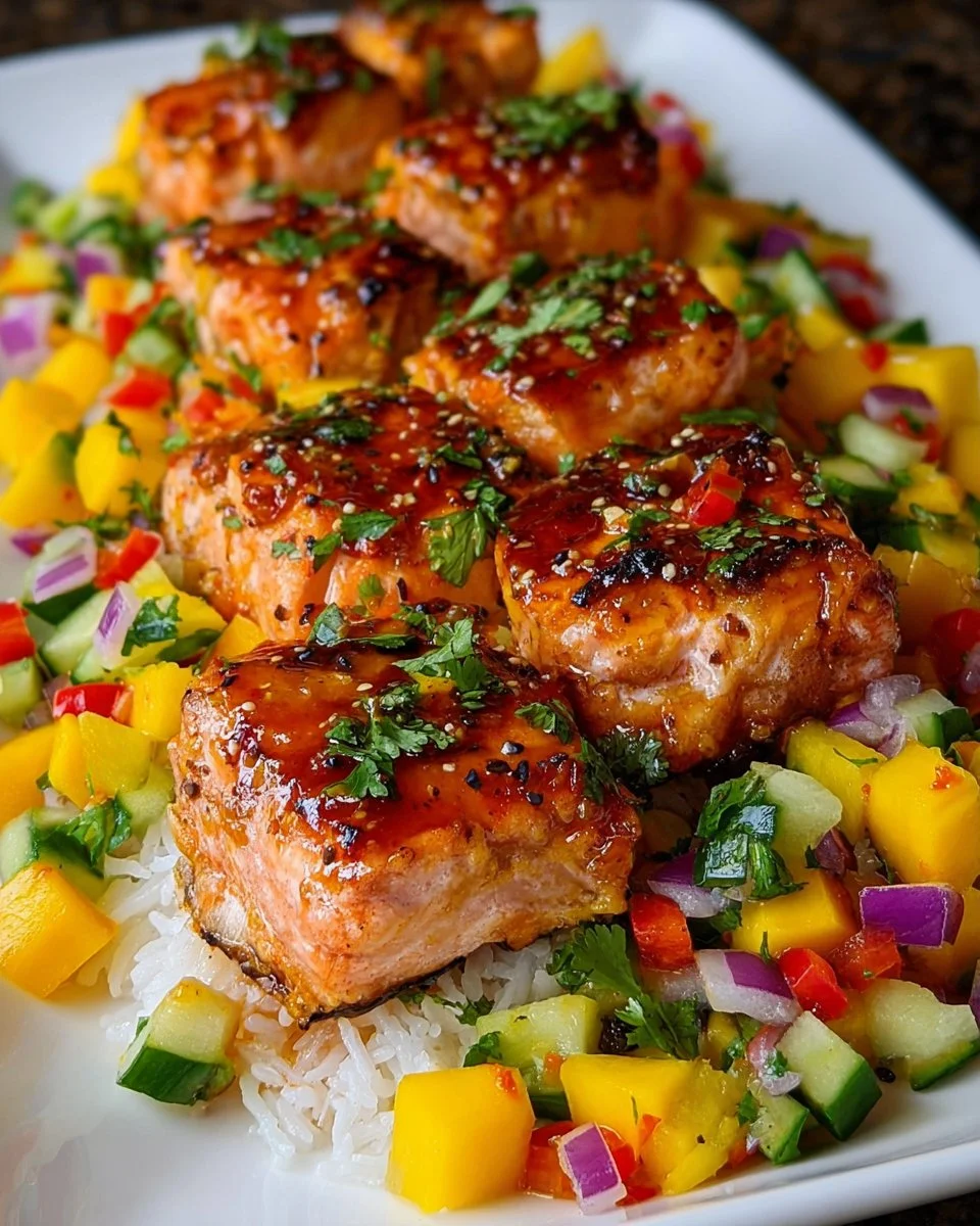 Delicious Maple Sriracha Salmon bites served with fresh mango salsa.