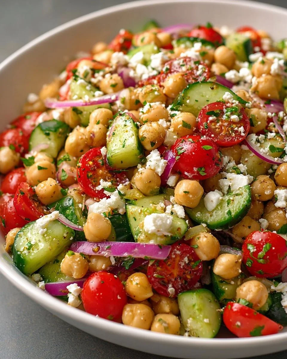 Mediterranean Chickpea Salad with cucumber, feta cheese, and fresh herbs.