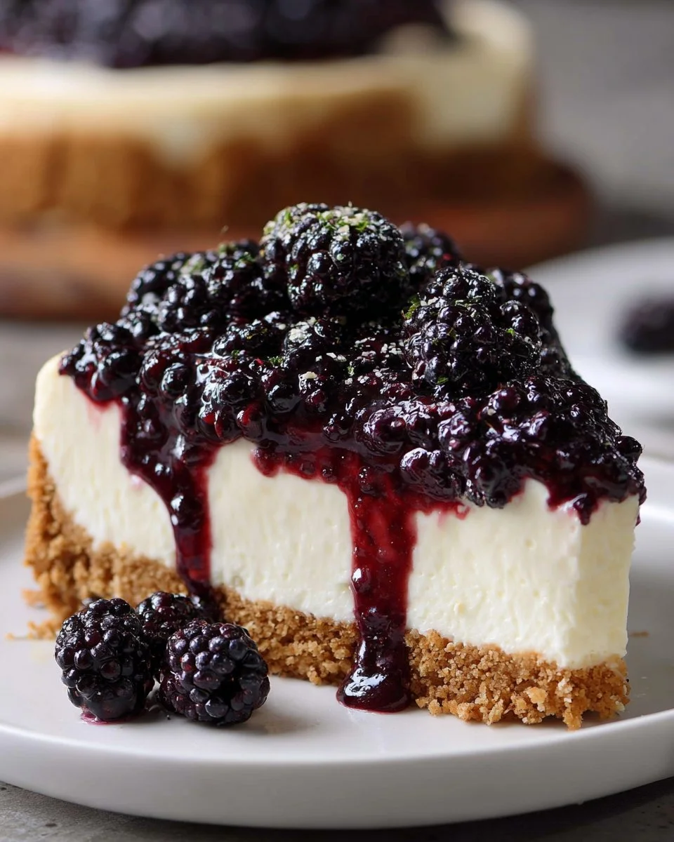 No-Bake Blackberry Cheesecake topped with fresh blackberries and a graham cracker crust