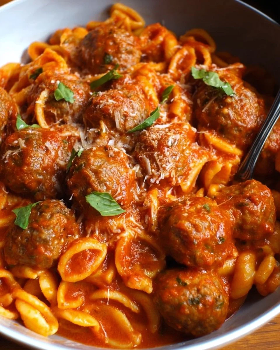 One Pot Meatball Pasta in a skillet, ready to serve.