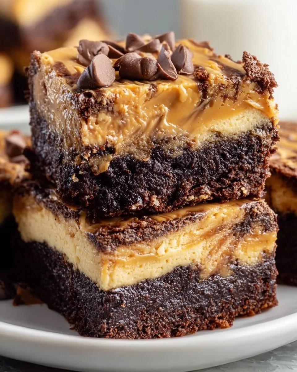 Decadent Peanut Butter Cheesecake Brownie Bars on a plate