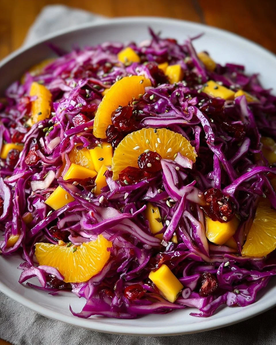 Colorful purple cabbage slaw with mango and cranberry in a bowl