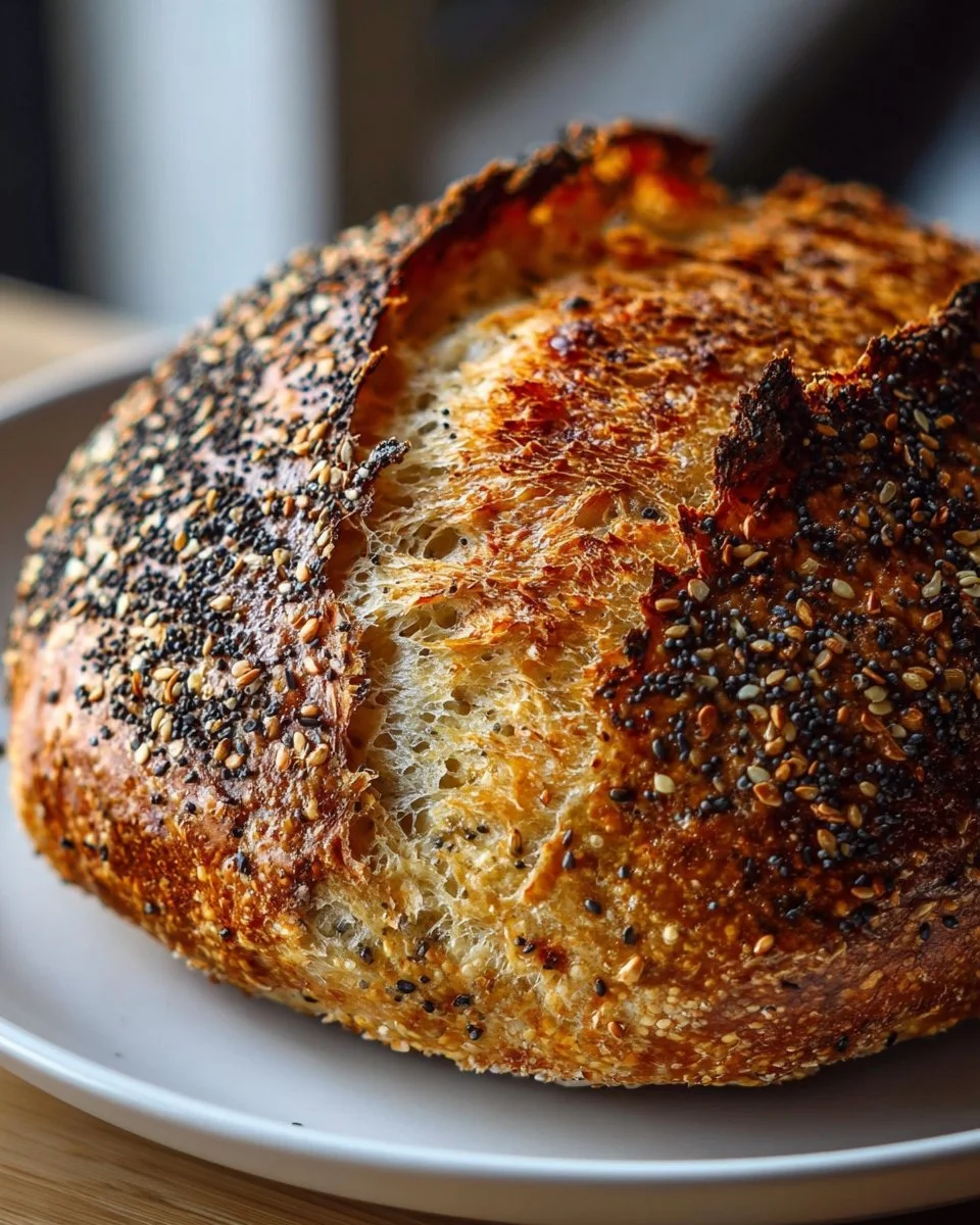 Freshly baked sourdough bread topped with everything bagel seasoning