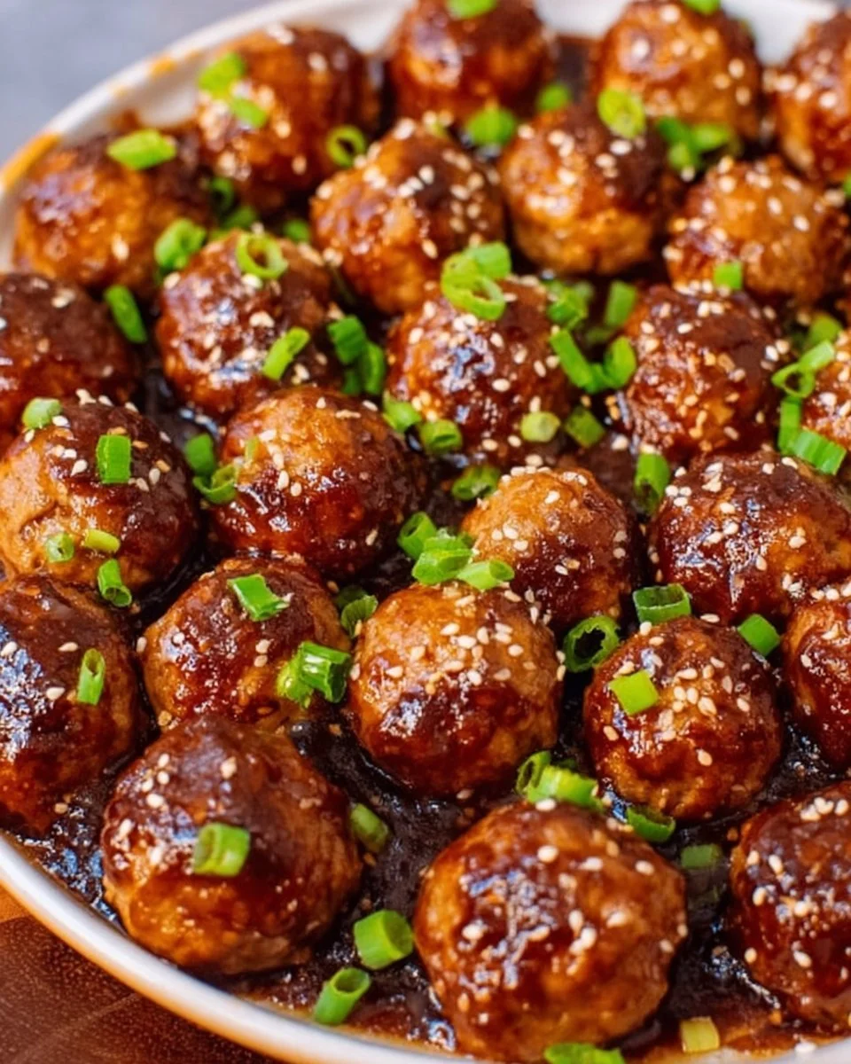 Delicious saucy Asian meatballs served on a white plate.