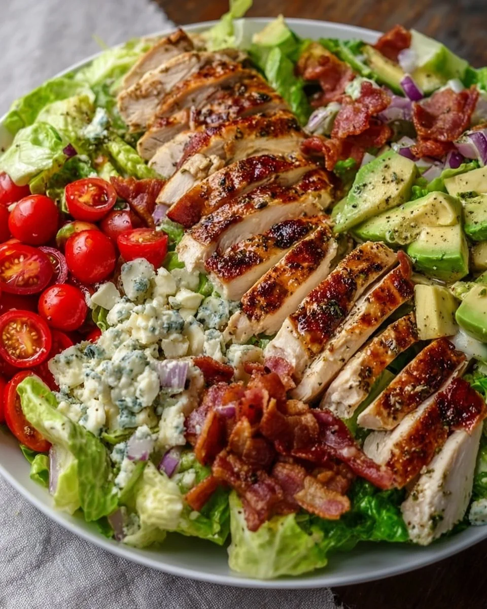 Savory BLT chicken salad with fresh ingredients including chicken, bacon, lettuce, and tomatoes.