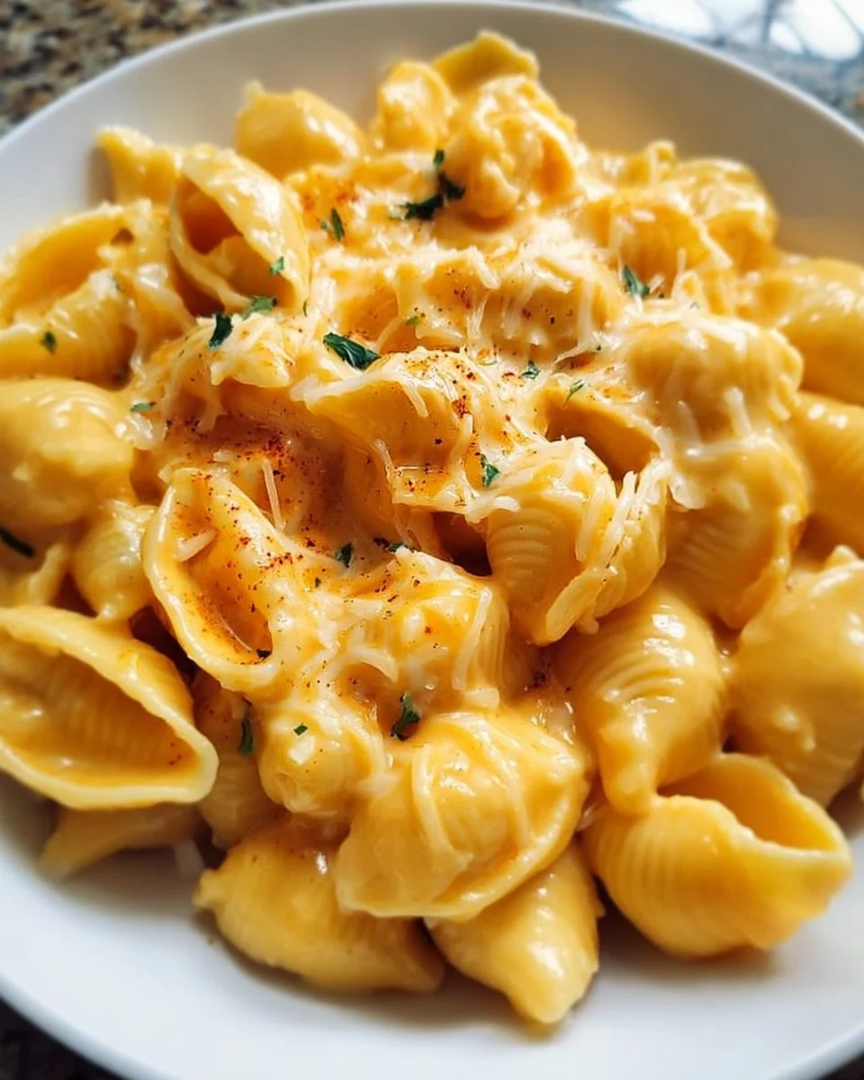 Bowl of creamy shells and cheese topped with breadcrumbs