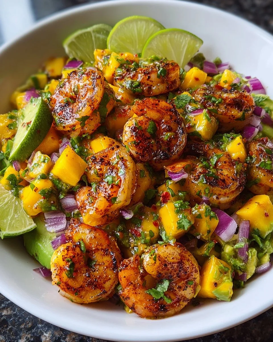 Colorful shrimp avocado bowls with mango salsa and lime-chili sauce
