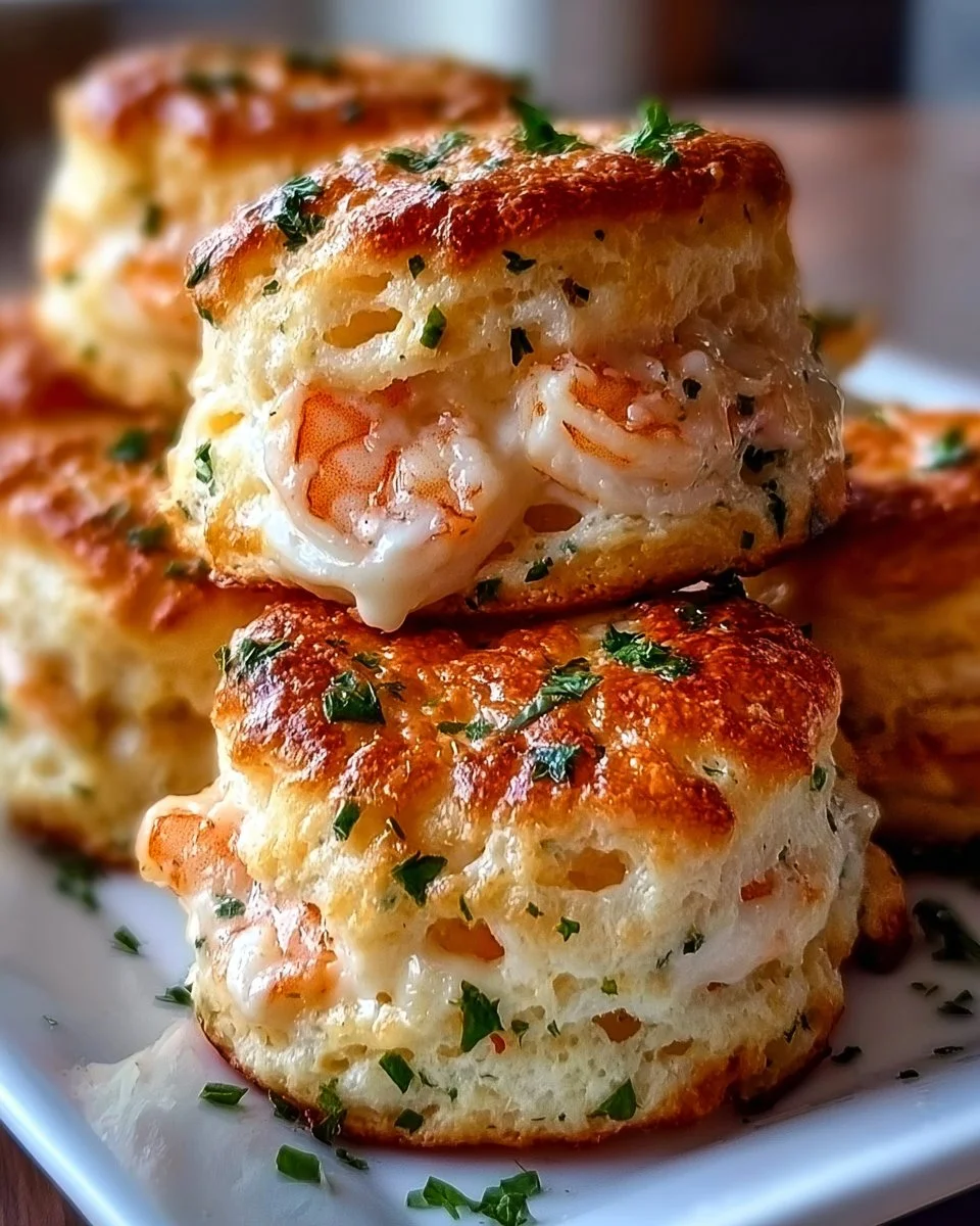 Shrimp crab biscuit melts topped with cheese and herbs, served on a plate.