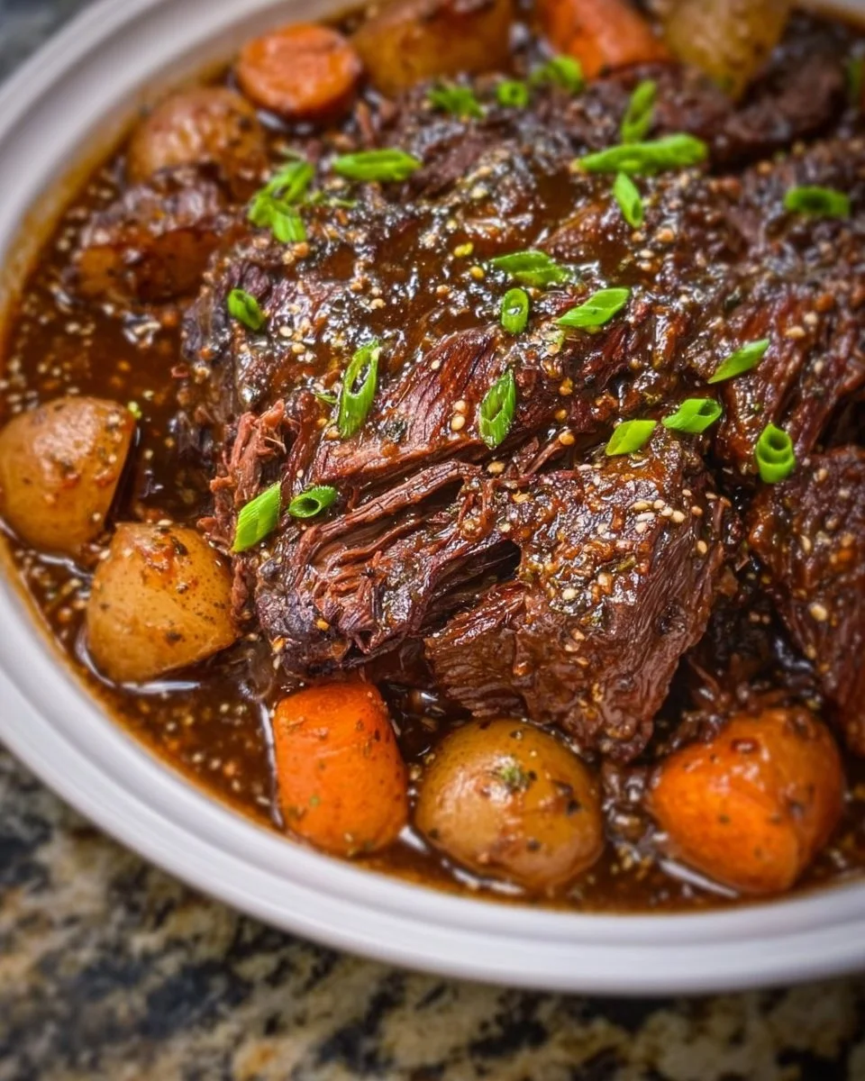 Delicious slow cooker pot roast with vegetables and herbs ready to serve.