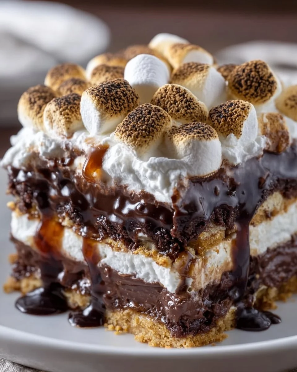 Delicious S’mores Lasagna layered with chocolate, graham crackers, and marshmallows
