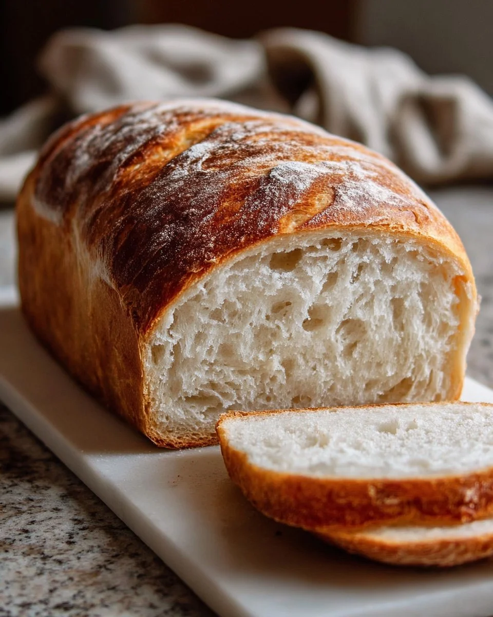 Loaf of soft homemade sourdough sandwich bread on a wooden cutting board