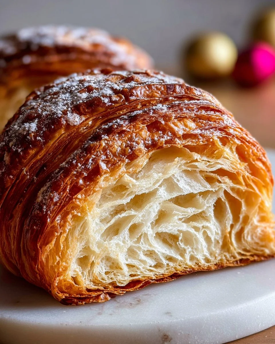 Freshly baked sourdough croissant with flaky layers and rich texture.