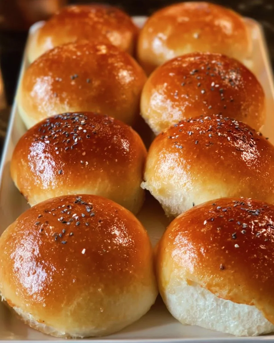 Freshly baked sourdough discard hamburger buns ready to serve.