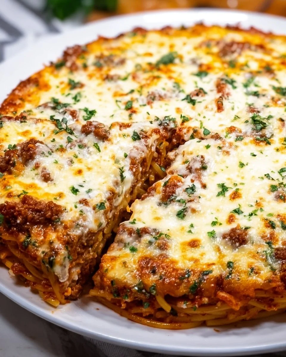Delicious baked spaghetti pie served in a dish, topped with cheese and herbs.