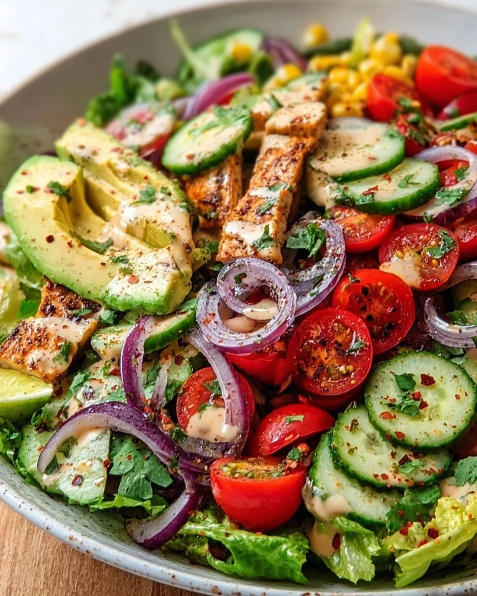Spicy avocado salad with colorful vegetables and a zesty dressing