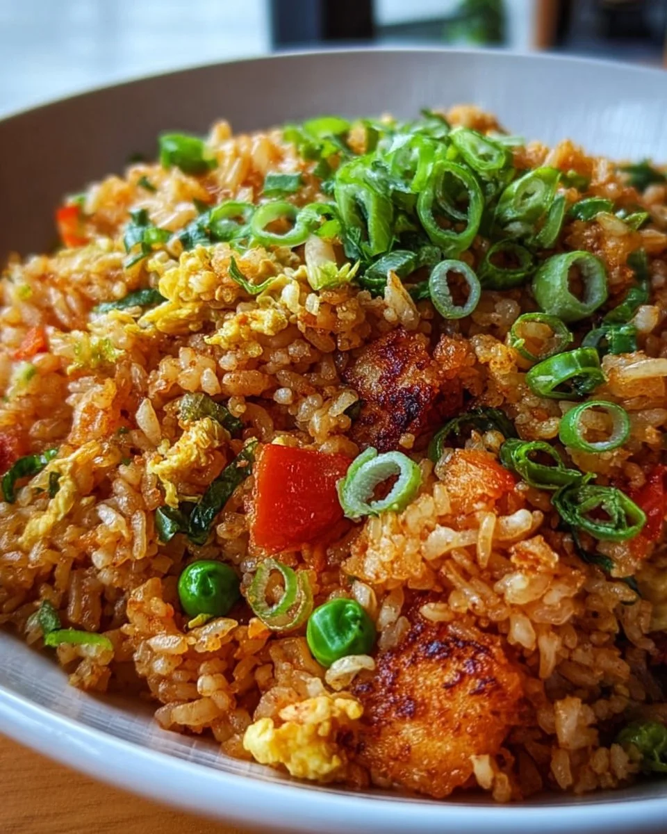 A vibrant plate of spicy fried rice garnished with vegetables and herbs