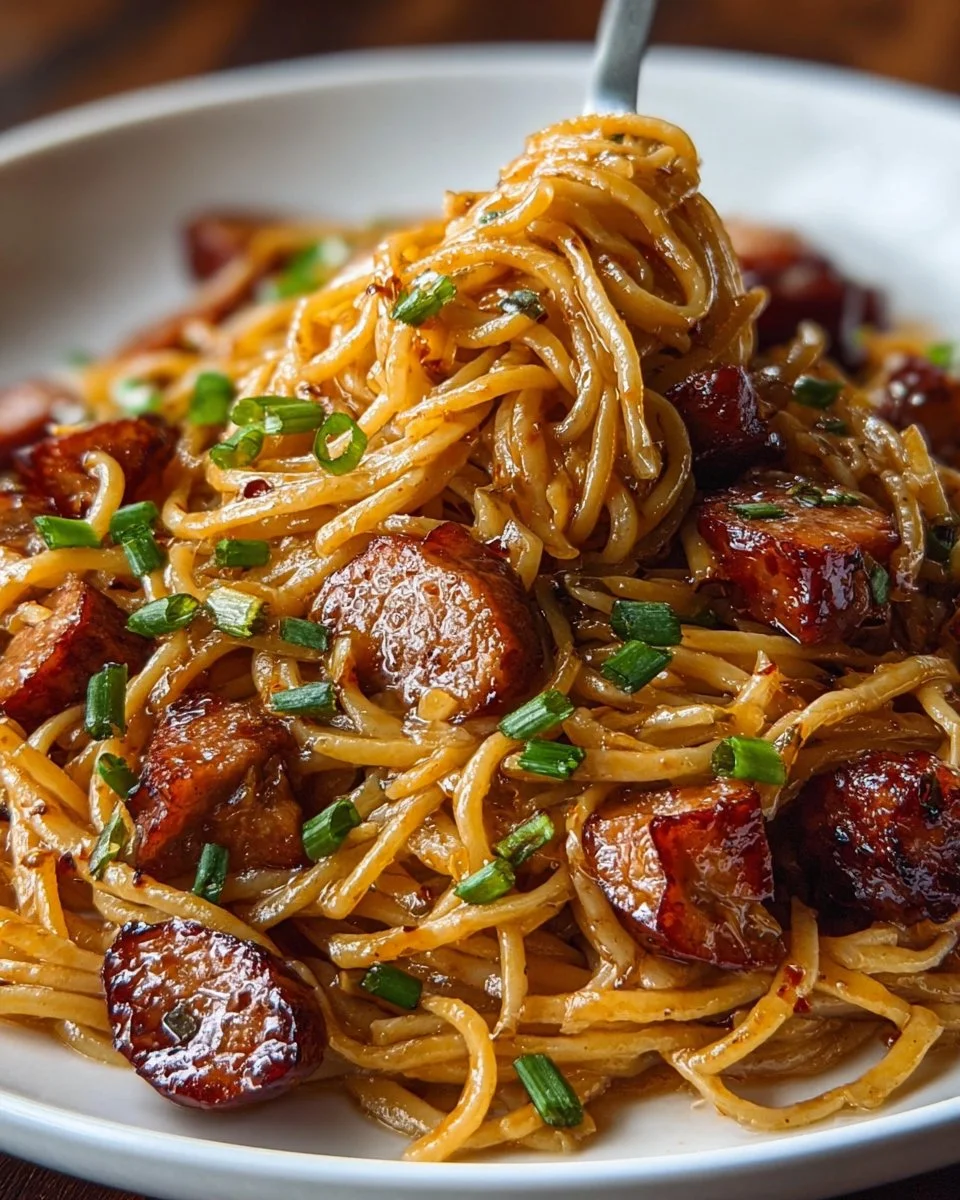 Sticky honey garlic sausage pasta skillet dish with colorful vegetables.