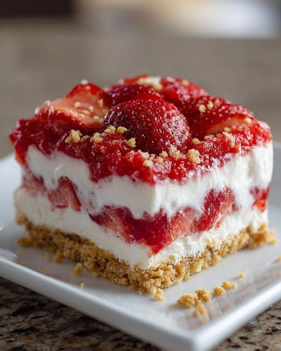 Homemade Strawberry Crunch Bars with layers of strawberries and crunchy topping