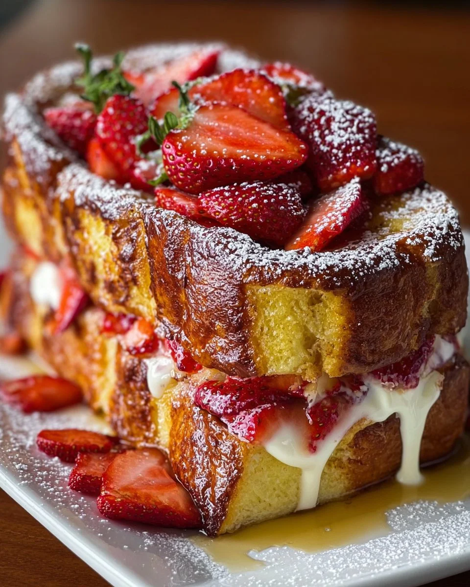 Delicious Strawberry French Toast Casserole with fresh strawberries and syrup
