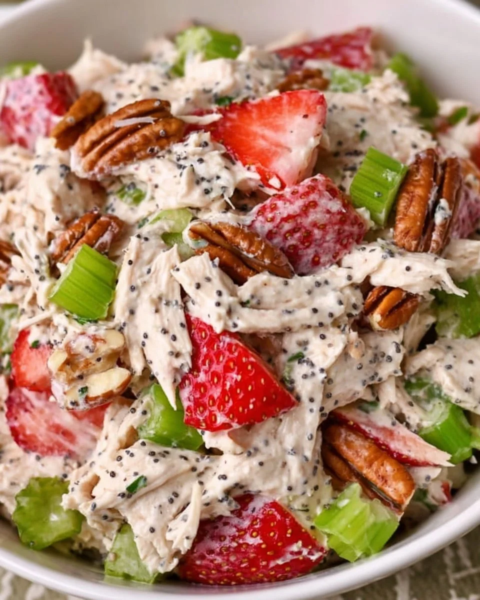 Strawberry Pecan Poppy Seed Chicken Salad in a bowl
