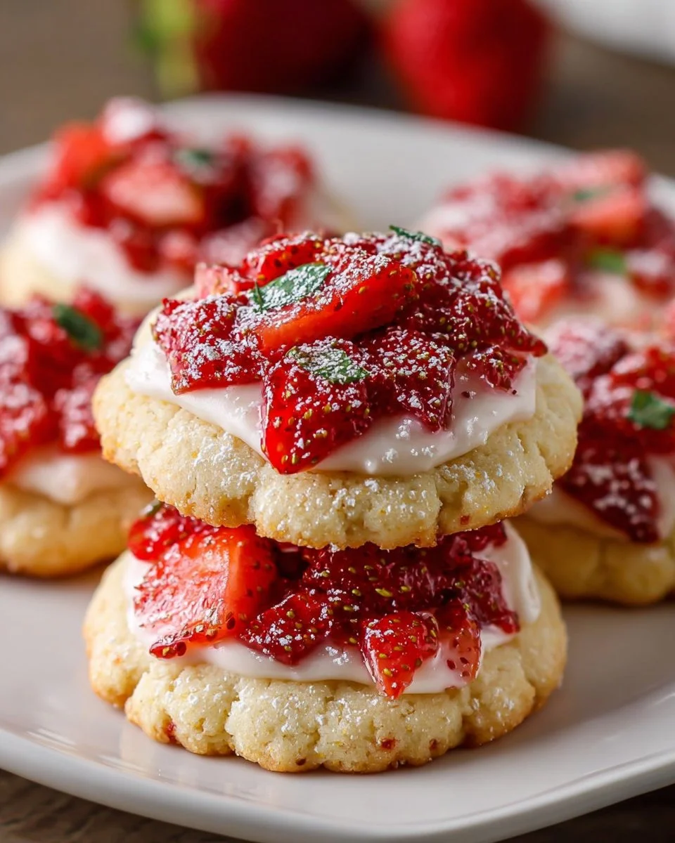 Plate of strawberry shortbread cookies with fresh strawberries