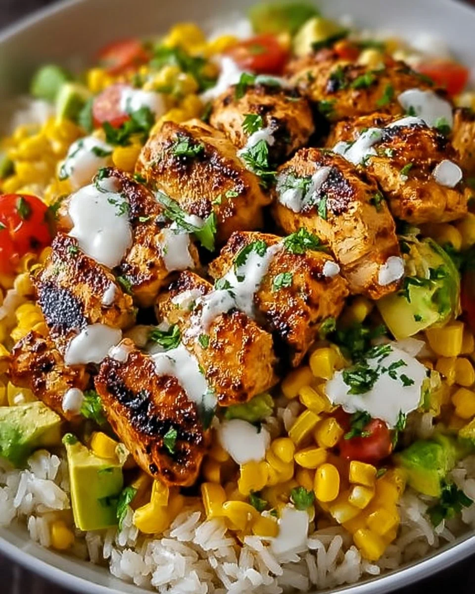 Street Corn Chicken Rice Bowl with tender chicken and fresh ingredients