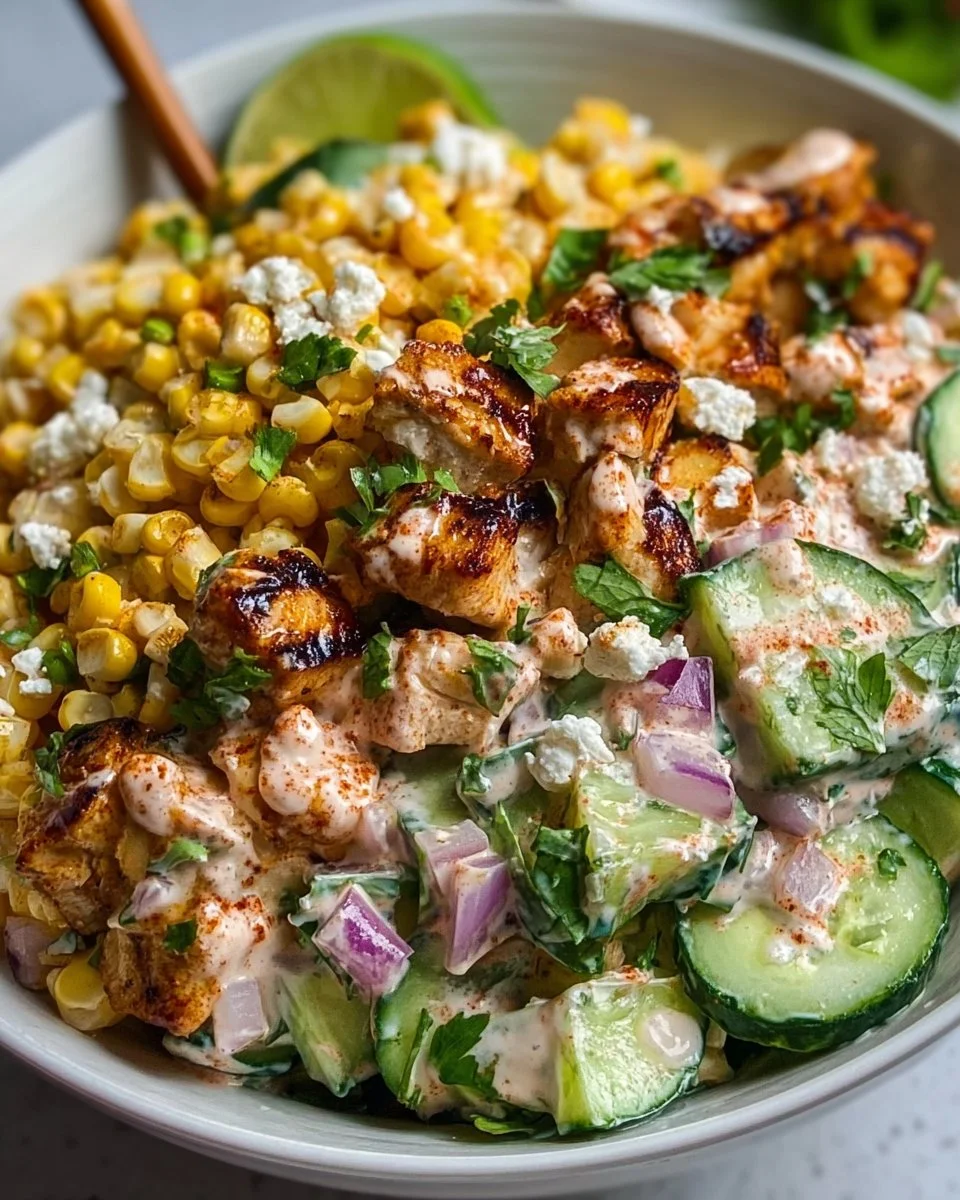 Delicious Street Corn Creamy Cucumber Chicken Salad served in a bowl