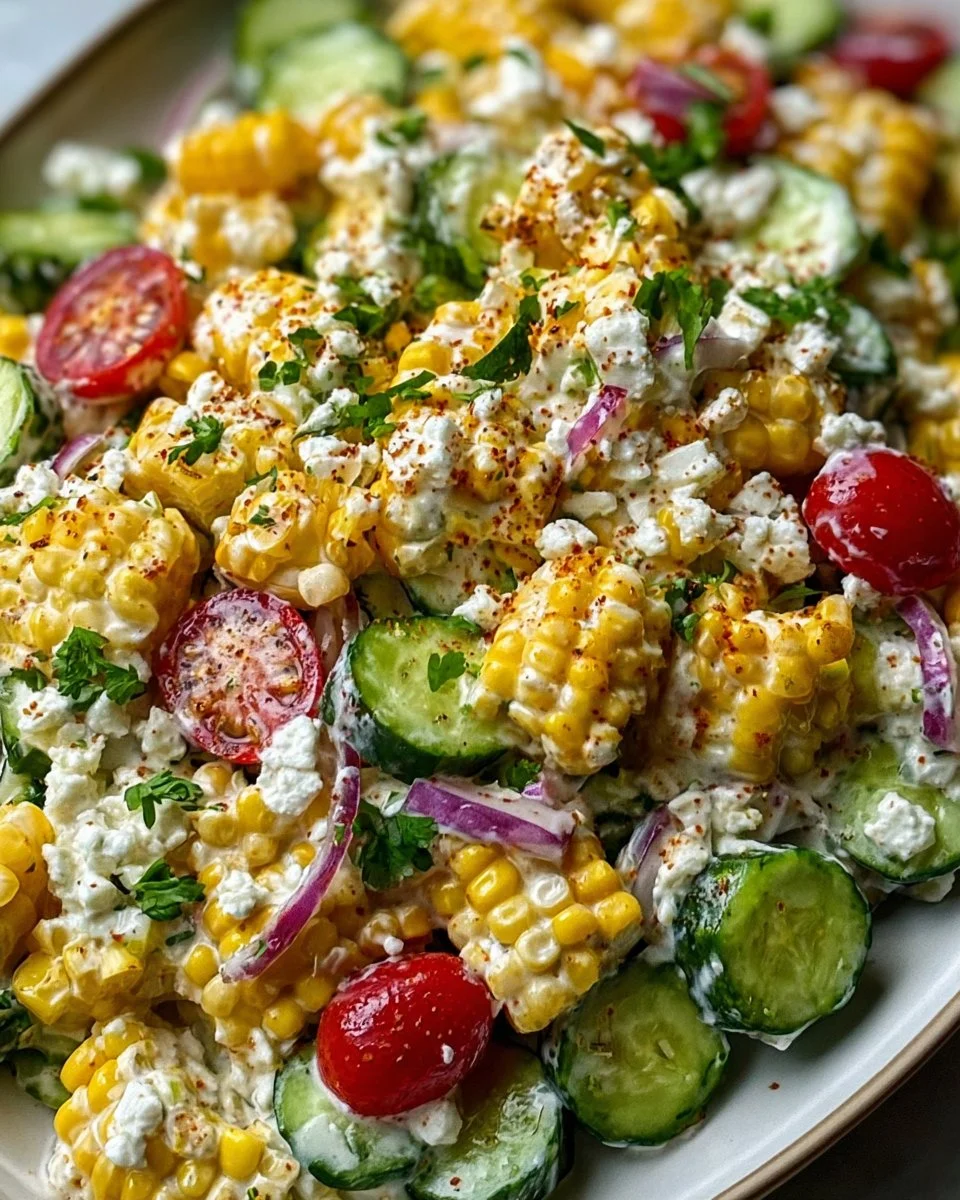 Delicious creamy cucumber salad with street corn, perfect for summer dishes.