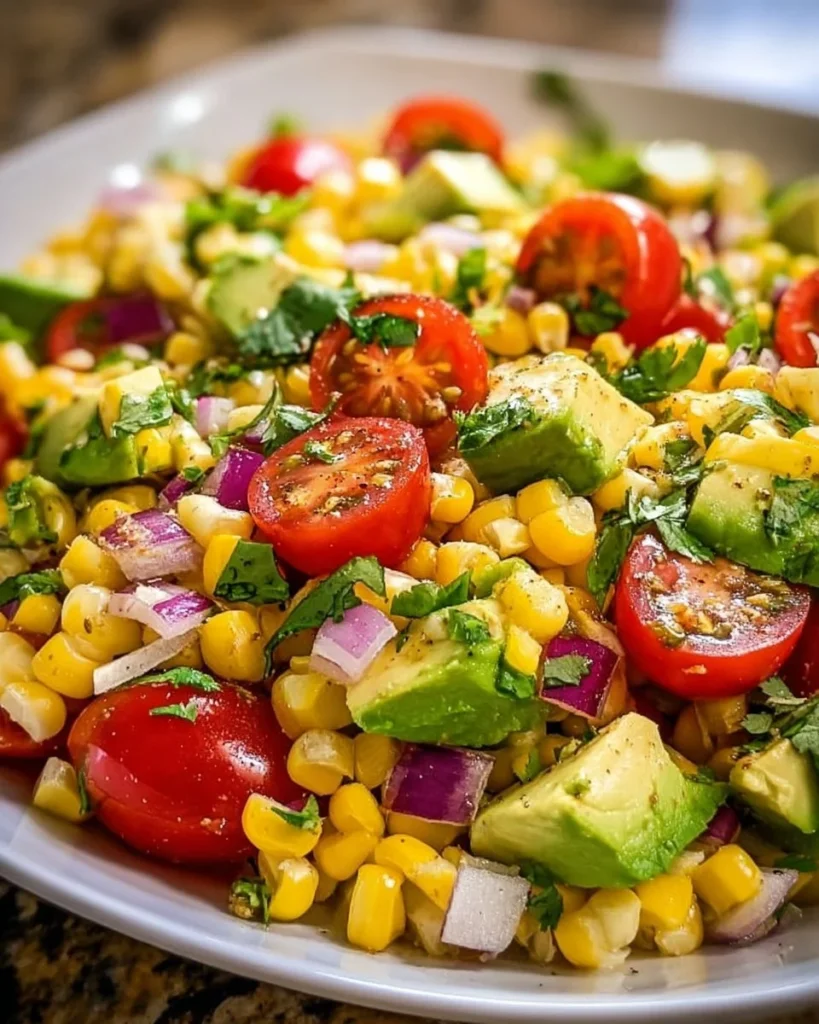 Refreshing summer corn salad with avocado, perfect for picnics and gatherings.