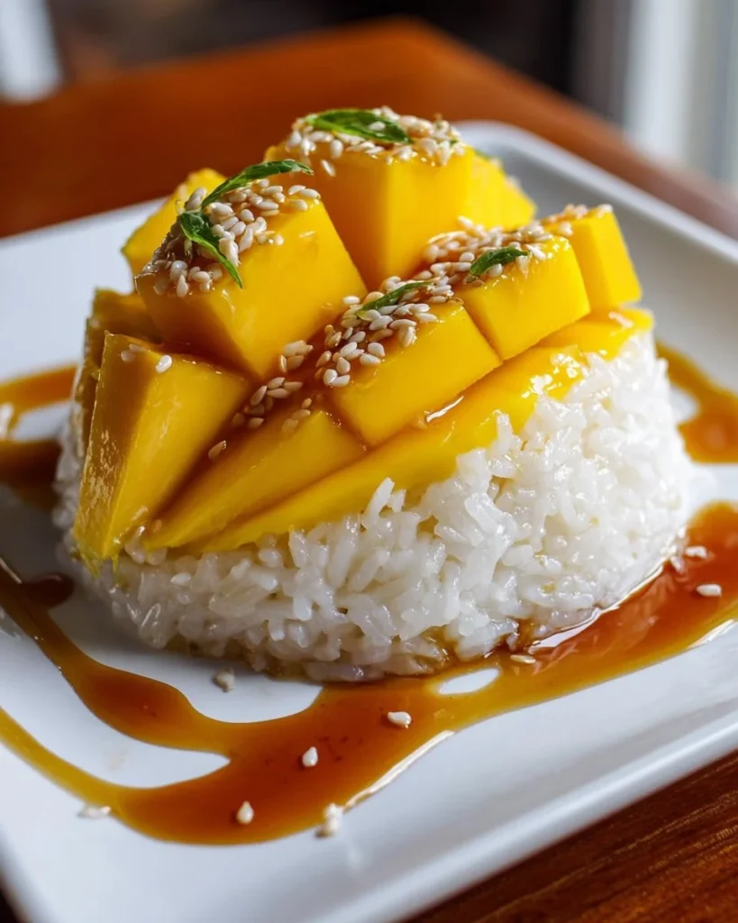 Delicious mango sticky rice dessert topped with coconut sauce and fresh mango slices.