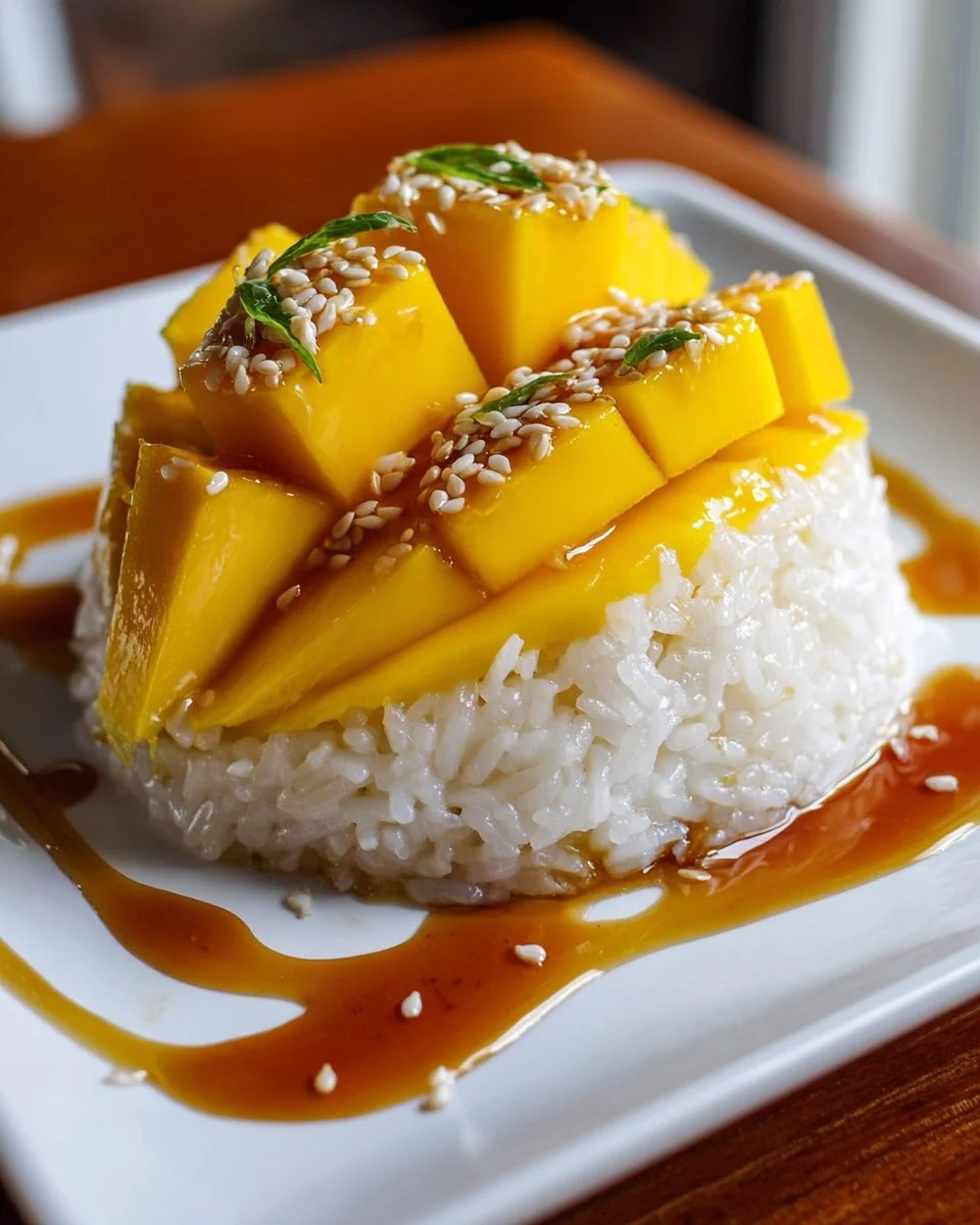 Delicious mango sticky rice dessert topped with coconut sauce and fresh mango slices.