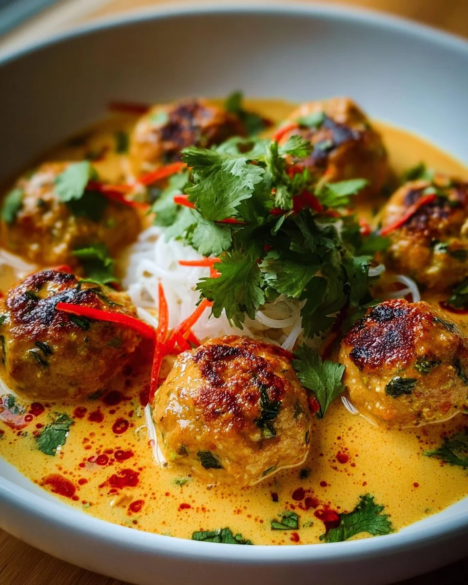 Delicious Thai Chicken Meatballs served in creamy coconut curry sauce