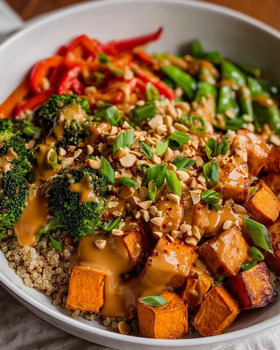 Thai Peanut Sweet Potato Bowl garnished with fresh herbs and roasted peanuts