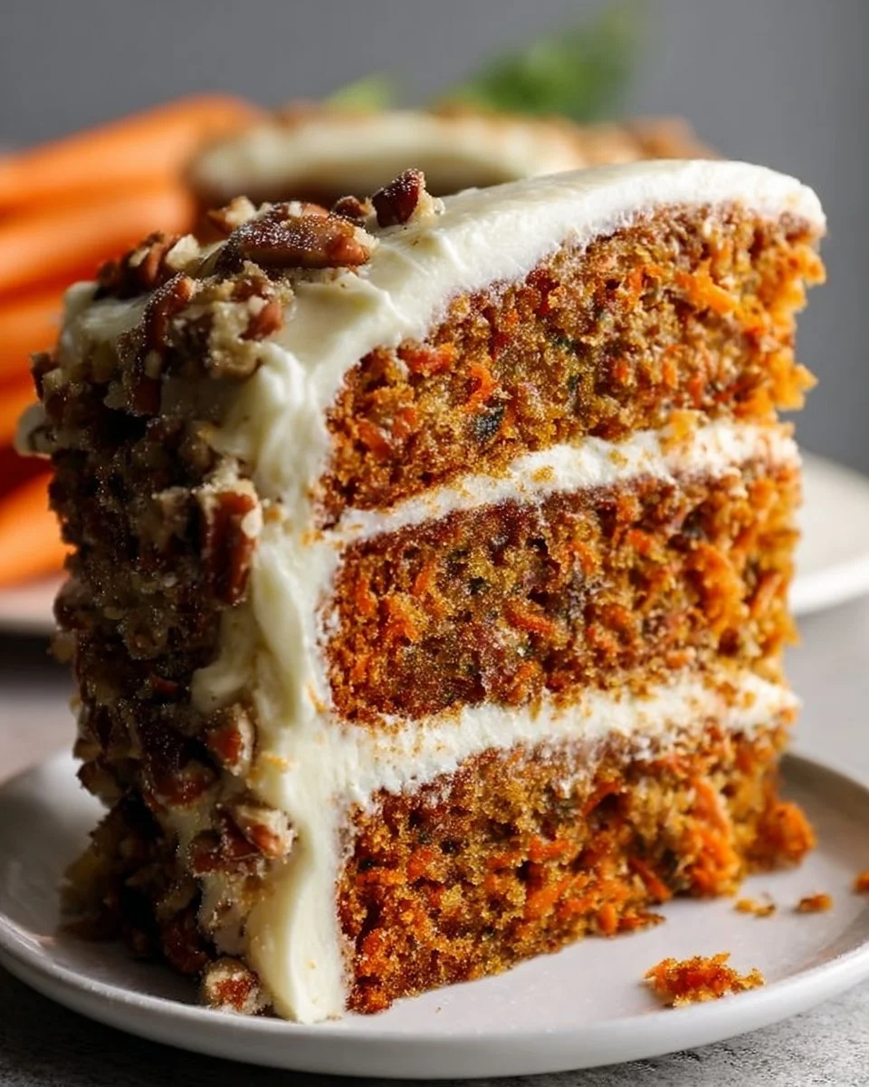 Moist classic carrot cake with cream cheese frosting on a decorative plate