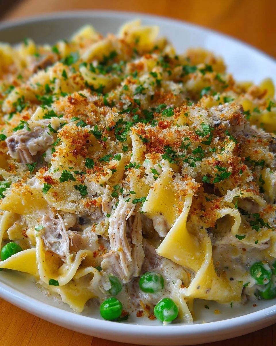 Delicious Tuna Noodle Casserole served in a baking dish.