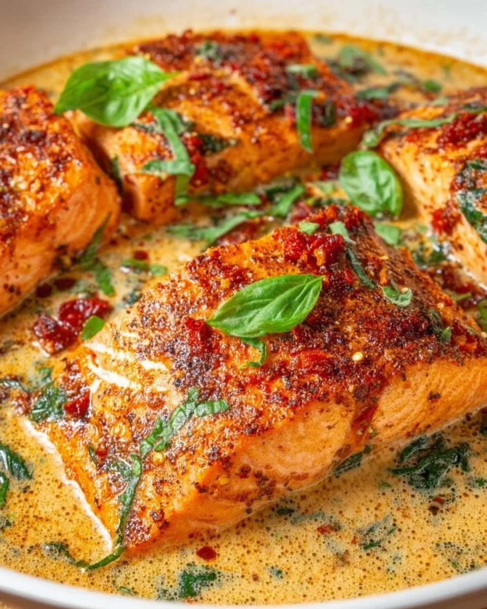 Succulent Tuscan Salmon served with vegetables and herbs on a plate.