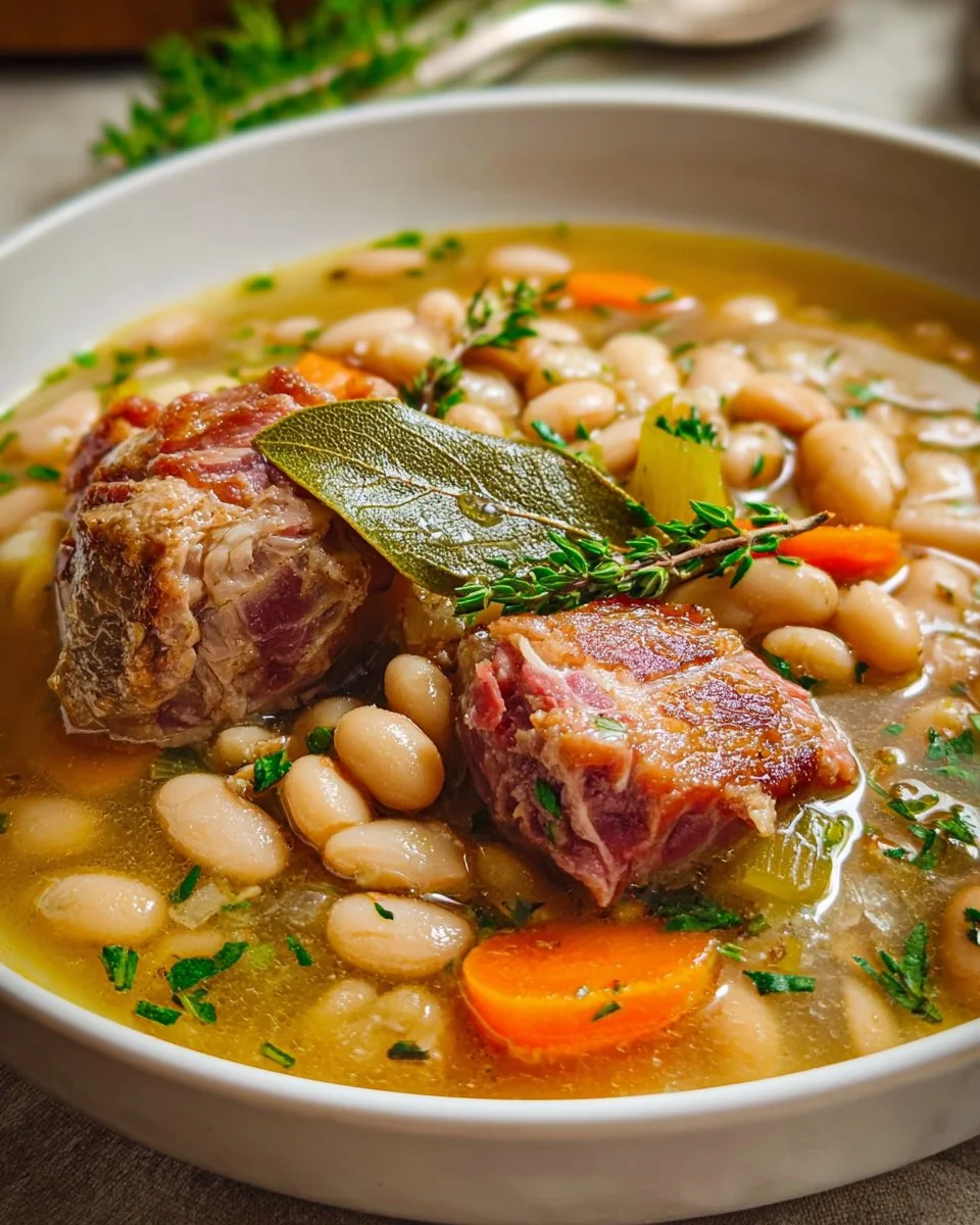 Delicious white bean and ham hock soup served in a bowl
