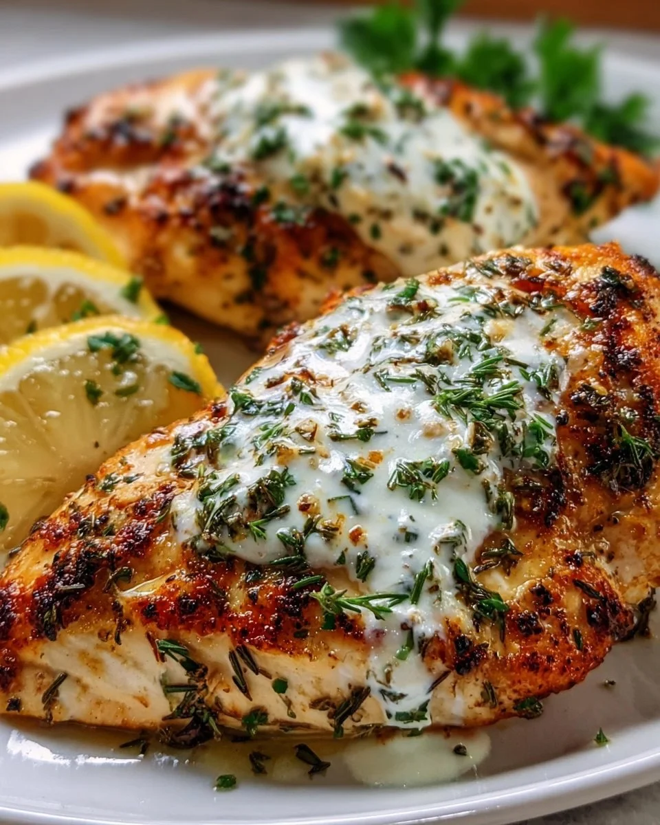 Baked Greek Yogurt Chicken on a plate with fresh herbs and spices