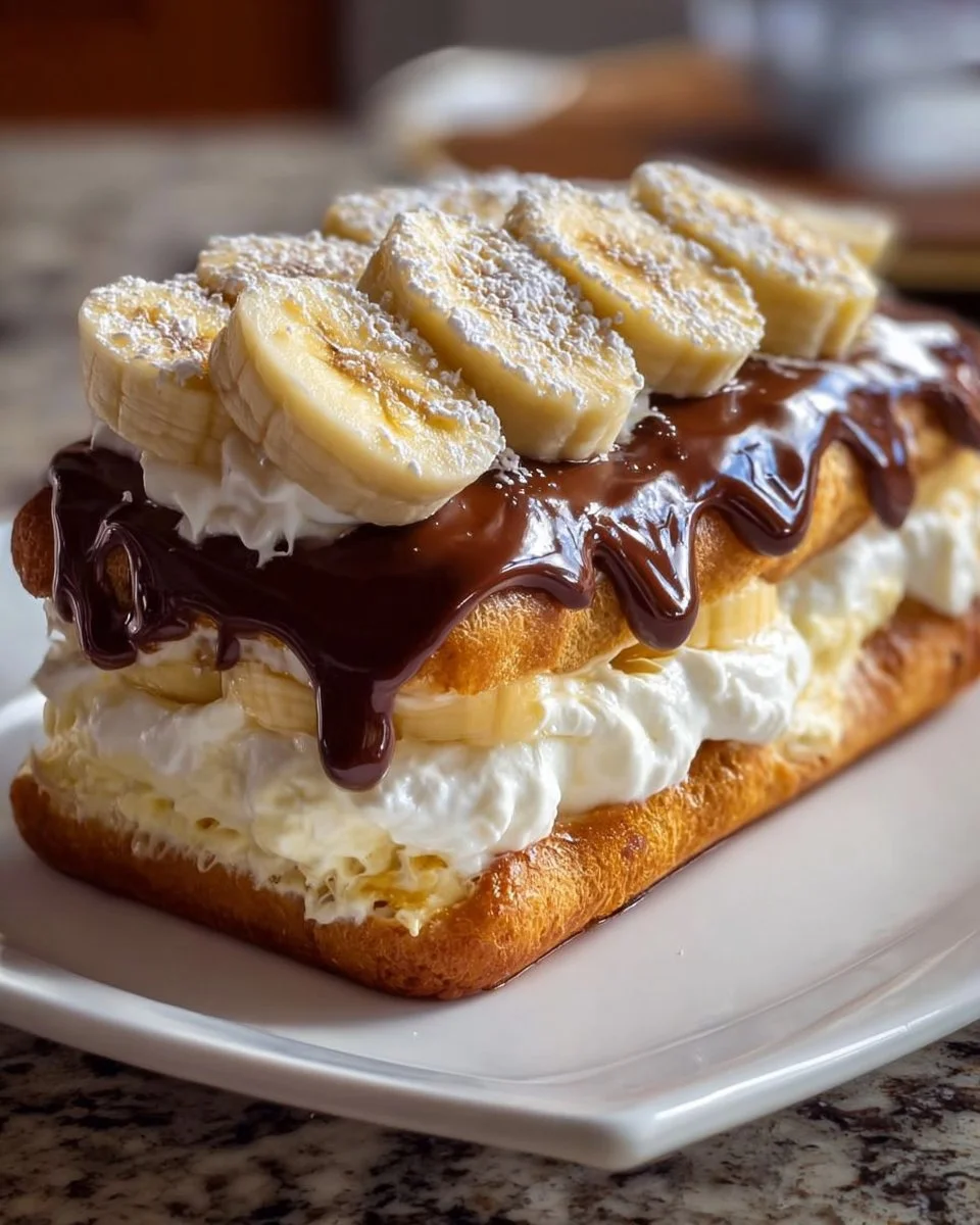 Delicious banana pudding eclair cake with whipped cream and bananas