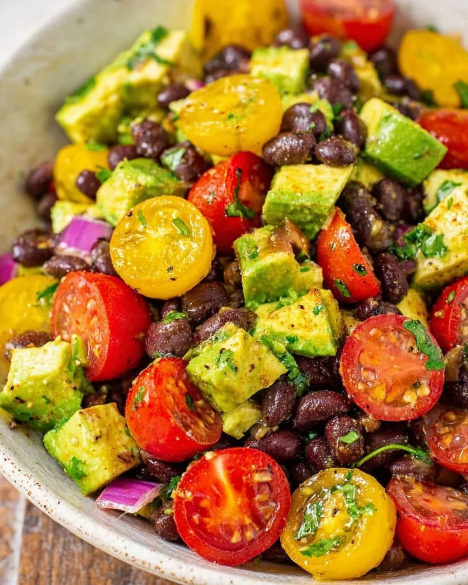 Fresh Black Bean Avocado Salad with colorful vegetables and dressing