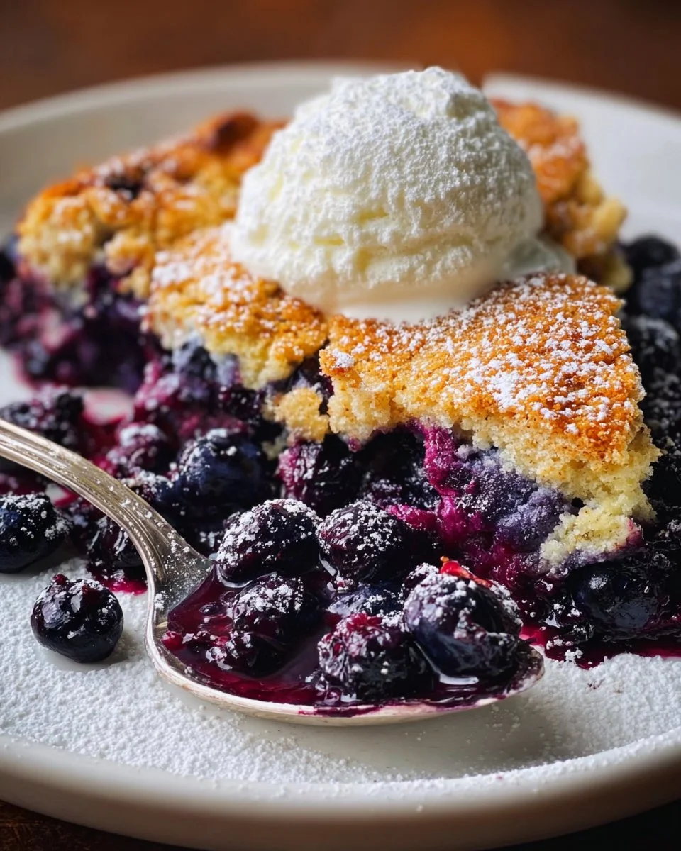 Delicious homemade blueberry cobbler with fresh blueberries on top.