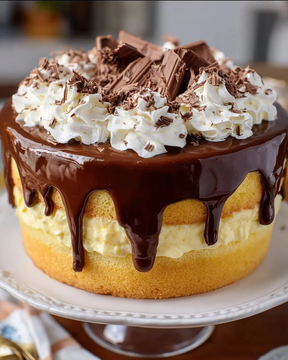 Boston Cream Pie Trifle with layers of cake, custard, and chocolate glaze